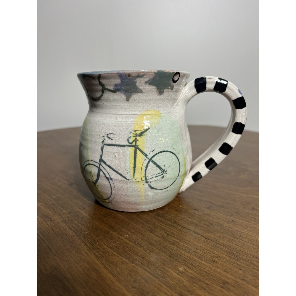 Handmade HandPainted Terracotta Coffee‎ Mug Whimsical Bicycle Design